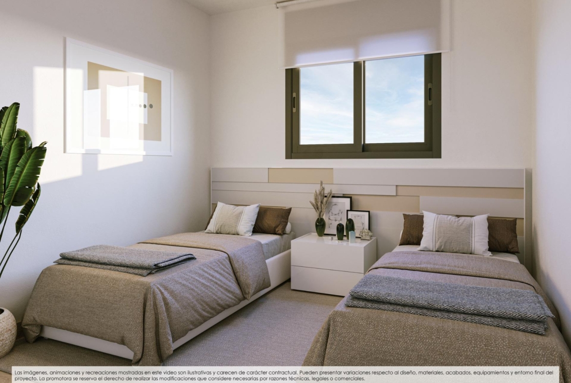Bright and modern twin bedroom in new build apartments in Finestrat featuring elegant neutral tones and sea views outside the window.