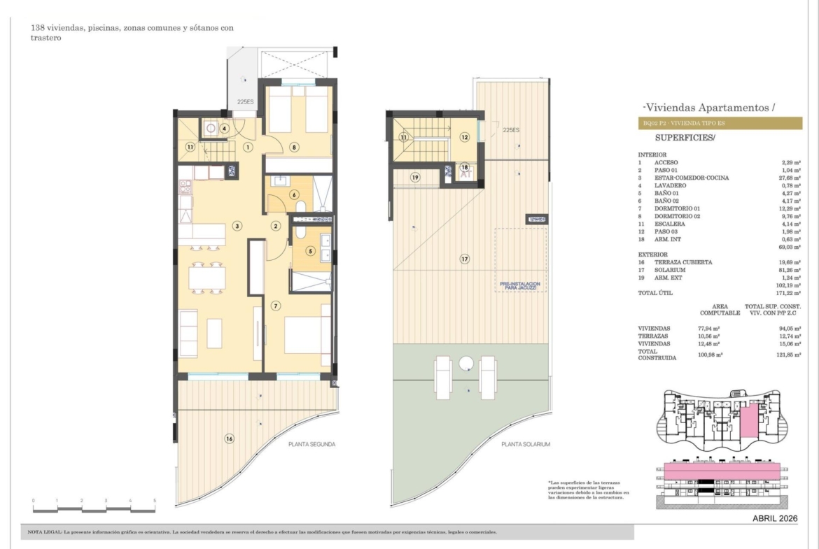 Modern two-bedroom apartment floor plan with spacious terrace and solarium in luxury new build complex in Finestrat.