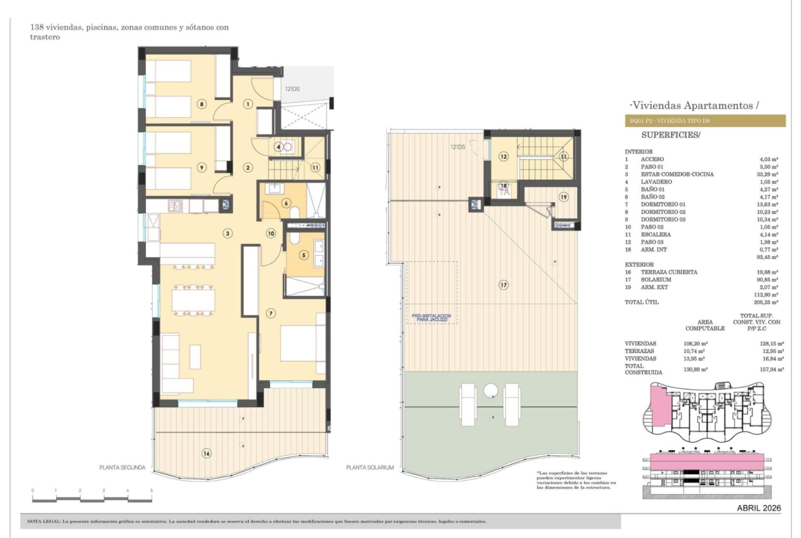 Spacious modern floor plan of luxury new build apartments in Finestrat featuring open-plan living and expansive sun-drenched solarium terrace.