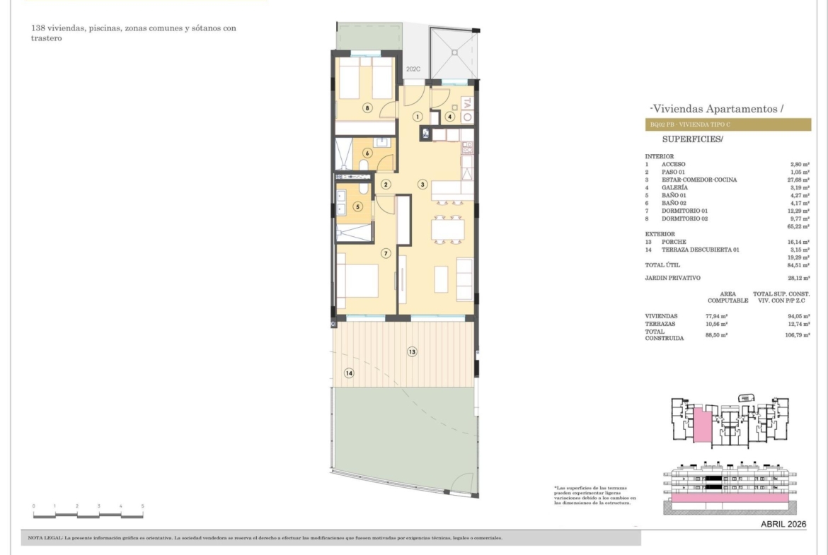 New-Build-Apartments-for-Sale-in-Finestrat-with-Sea-Views-and-Resort-Style-Amenities-17 Spacious modern two-bedroom apartment floor plan with open-plan living and large terrace in luxury Finestrat development