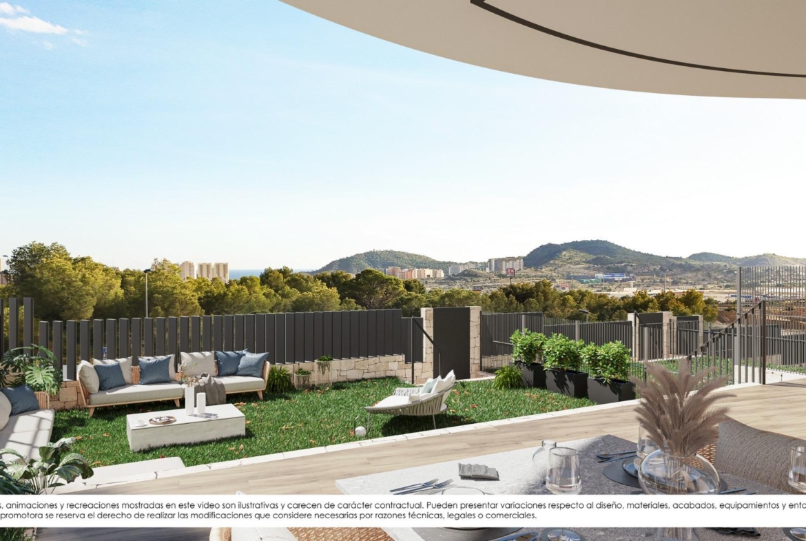 Spacious sunlit terrace with elegant outdoor seating and panoramic mountain and sea views in new build apartments in Finestrat.