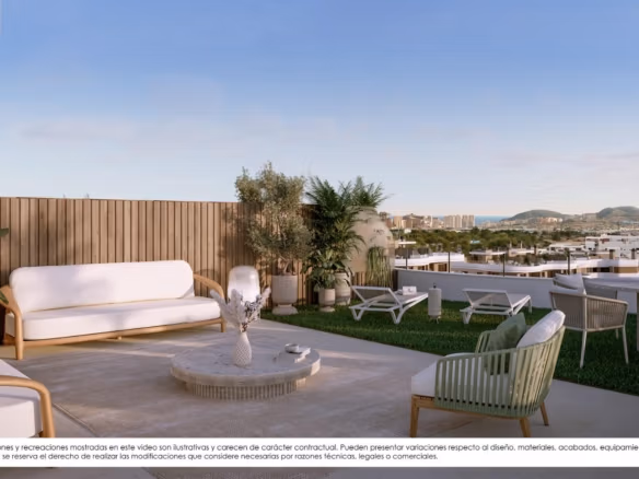 Spacious sun-drenched terrace with elegant seating and panoramic sea views at new build apartments in Finestrat