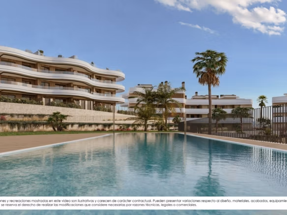 Modern new build apartments in Finestrat with sleek curved balconies overlooking a tranquil pool and landscaped palm gardens