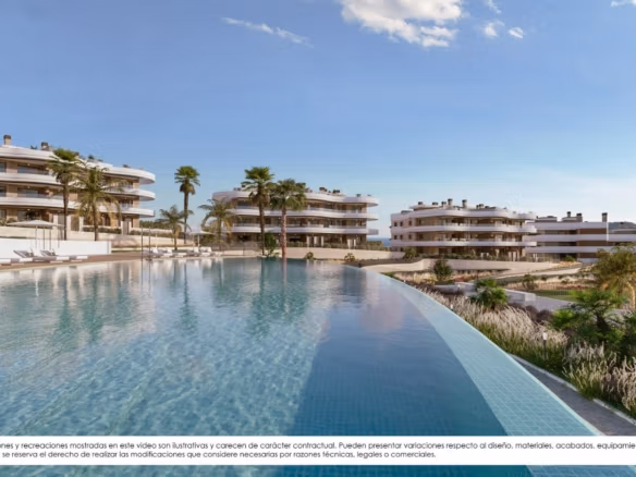 Sun-drenched modern penthouse complex in Finestrat featuring sleek infinity pool, lush gardens, and spacious terraces...