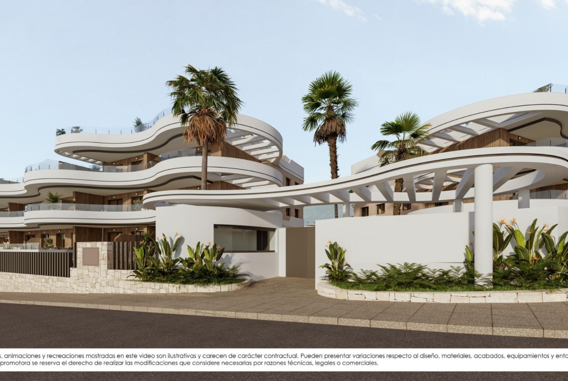 Contemporary new build apartments in Finestrat with flowing curved terraces, lush landscaping, and bright Mediterranean ambiance.