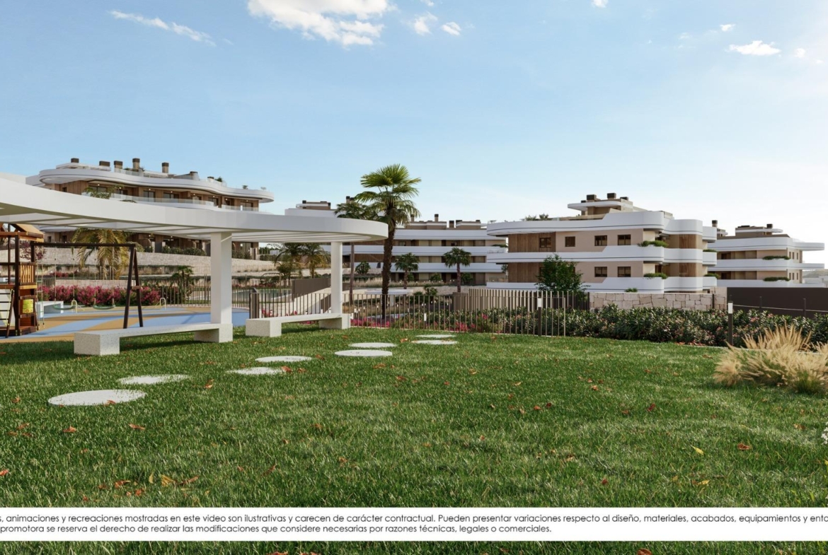 New-Build-Apartments-for-Sale-in-Finestrat-with-Sea-Views-and-Resort-Style-Amenities-5 Modern new build apartments in Finestrat with landscaped gardens, palm trees, and bright resort-style amenities under clear blue skies