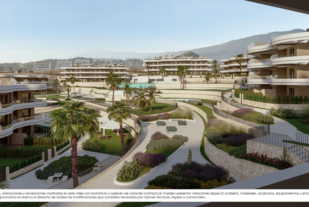 Modern new build apartments in Finestrat with curved terraces, lush landscaped gardens, and panoramic mountain views