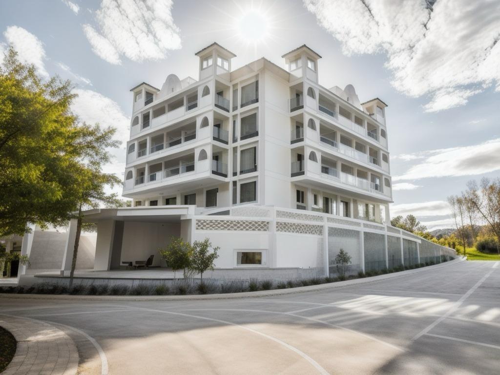 Modern, sun-drenched new build 2-bedroom ground floor apartment exterior with bright white facade in Bigastro, Costa Blanca.