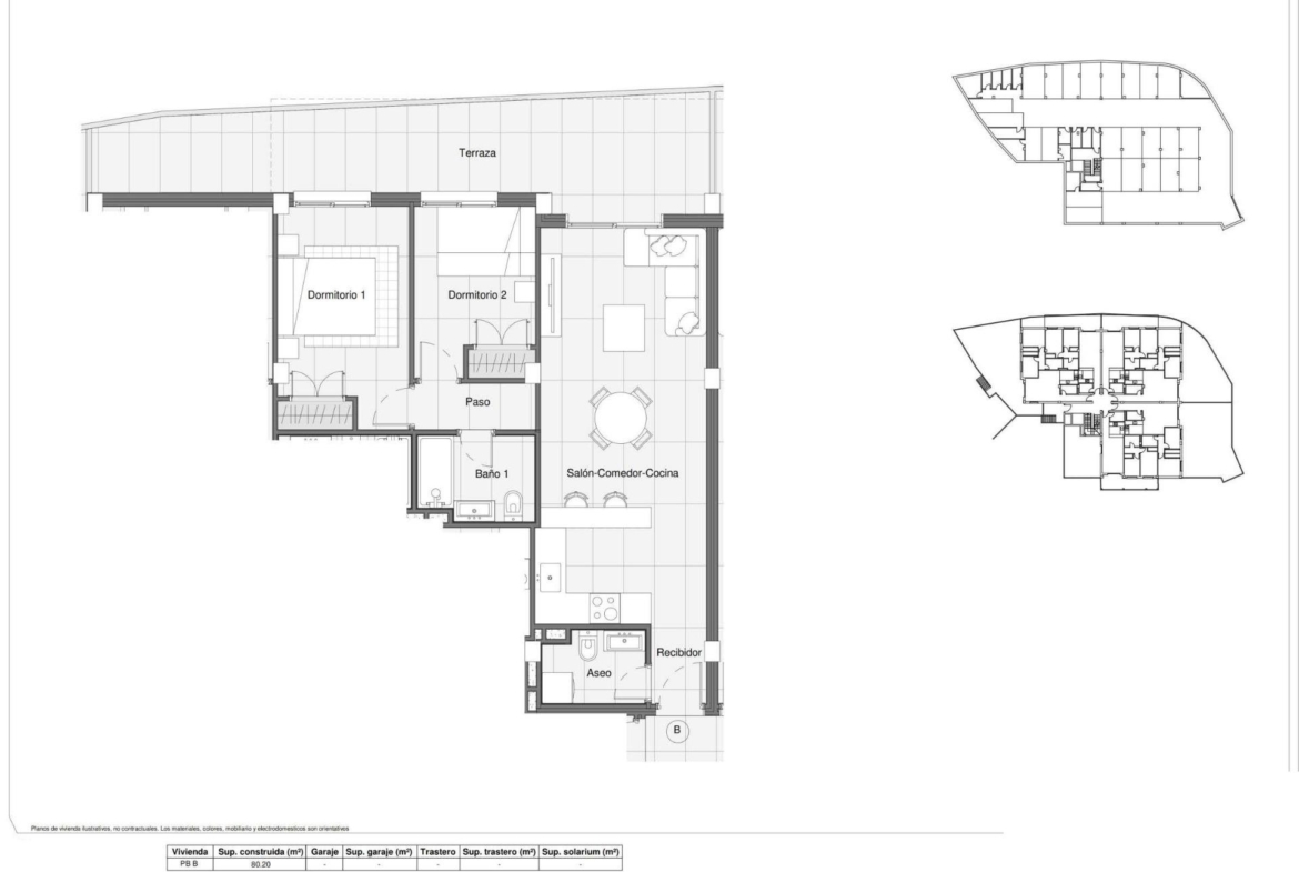 Bright, modern floor plan of a 2-bedroom ground floor apartment in Bigastro, Costa Blanca, with spacious living areas and terrace.