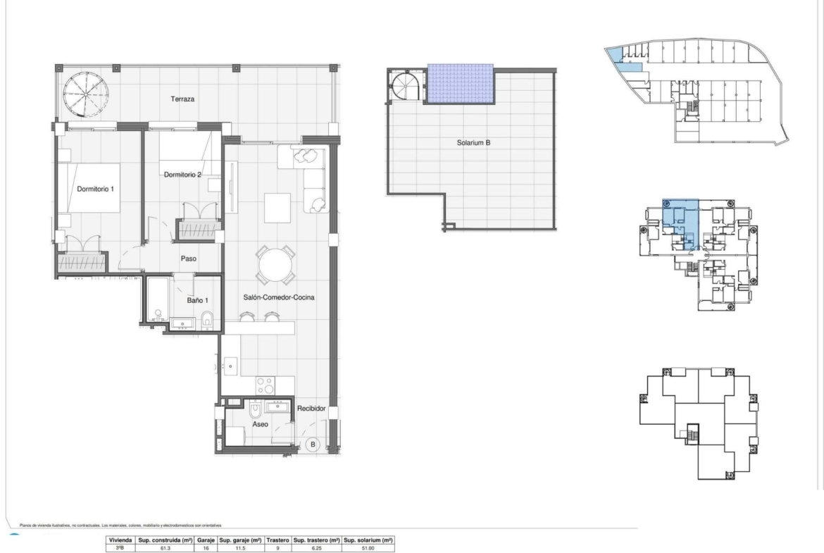 Spacious modern 2-bedroom penthouse floor plan with sun-drenched solarium and terrace in Bigastro, Costa Blanca.