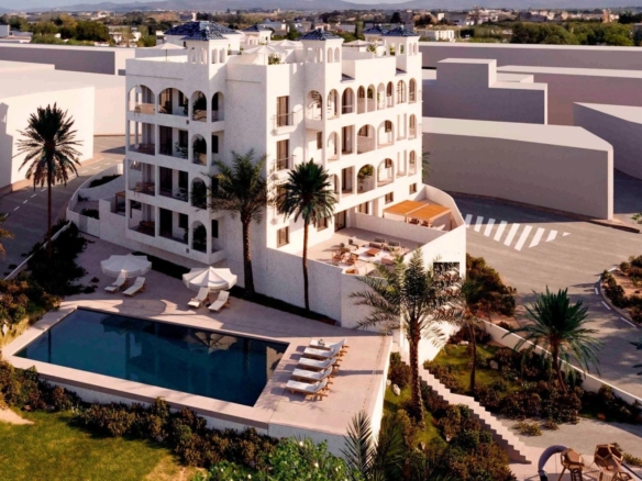 Modern whitewashed new build 2-bedroom ground floor apartment with sunlit communal pool and landscaped gardens in Bigastro, Costa Blanca.