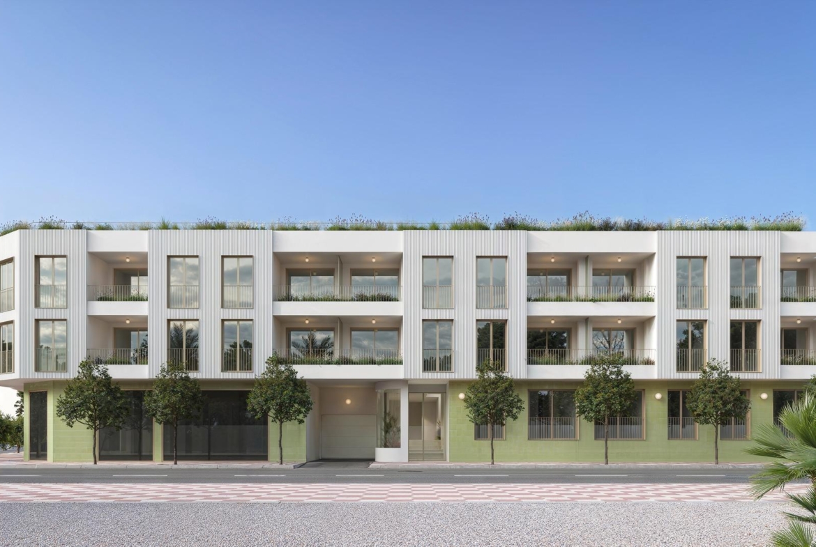 Modern new build 3 bedroom penthouse building in Jacarilla with spacious terraces and sleek, minimalist façades.