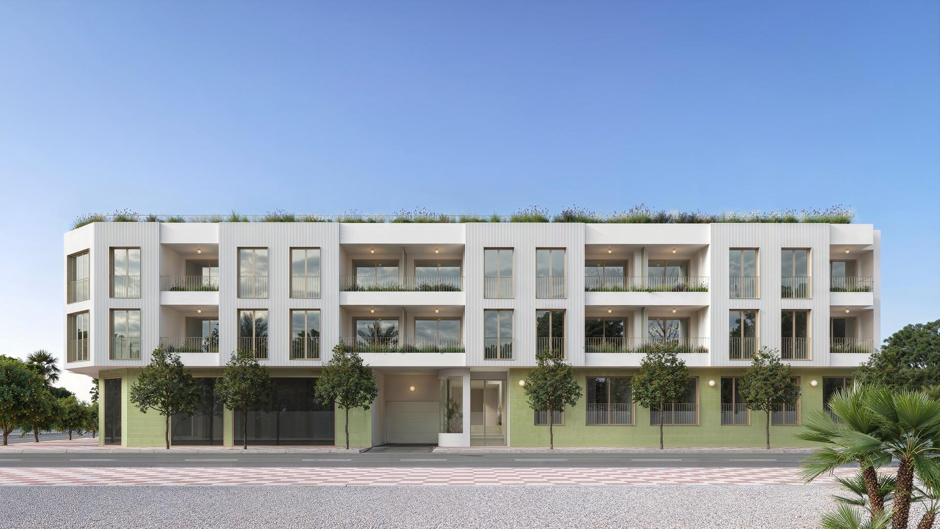 Modern new build 3 bedroom penthouse building in Jacarilla with spacious terraces and sleek, minimalist façades.