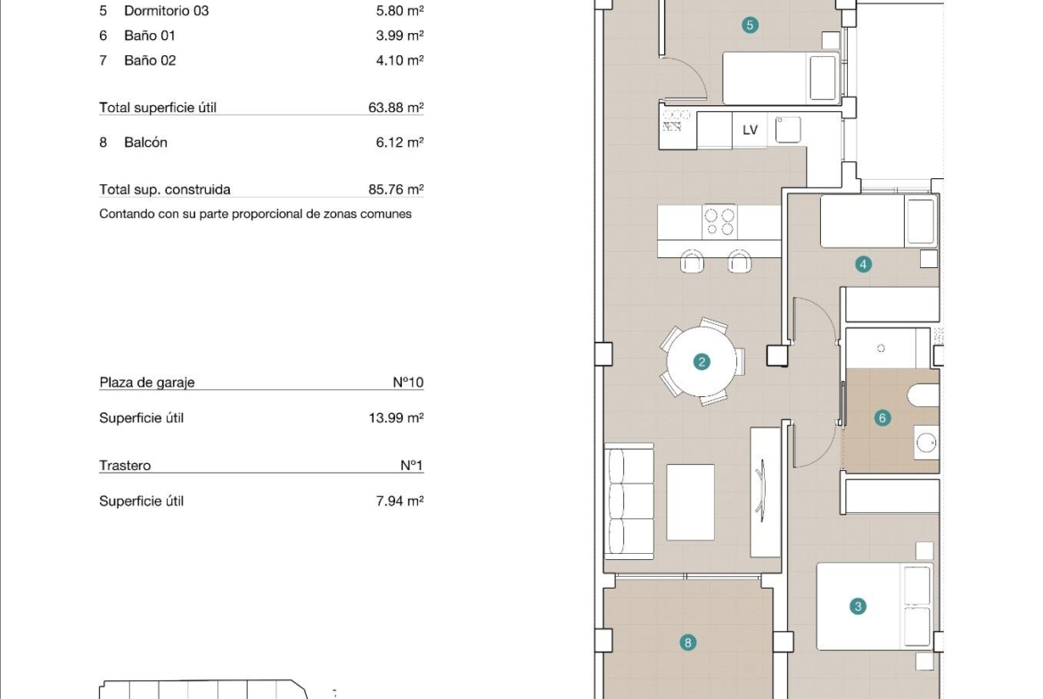 Spacious modern 3-bedroom apartment floor plan in Jacarilla with open living areas and a private balcony for stunning views.