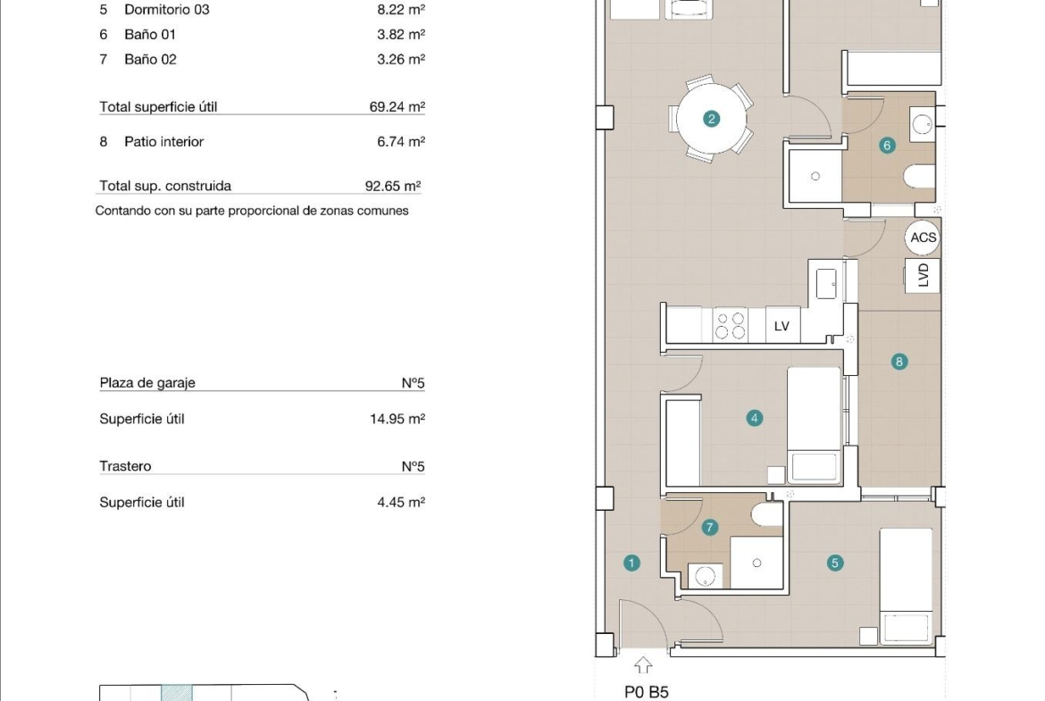 Bright modern 3-bedroom ground floor apartment floor plan with private patio, spacious open-plan living in Jacarilla new build development