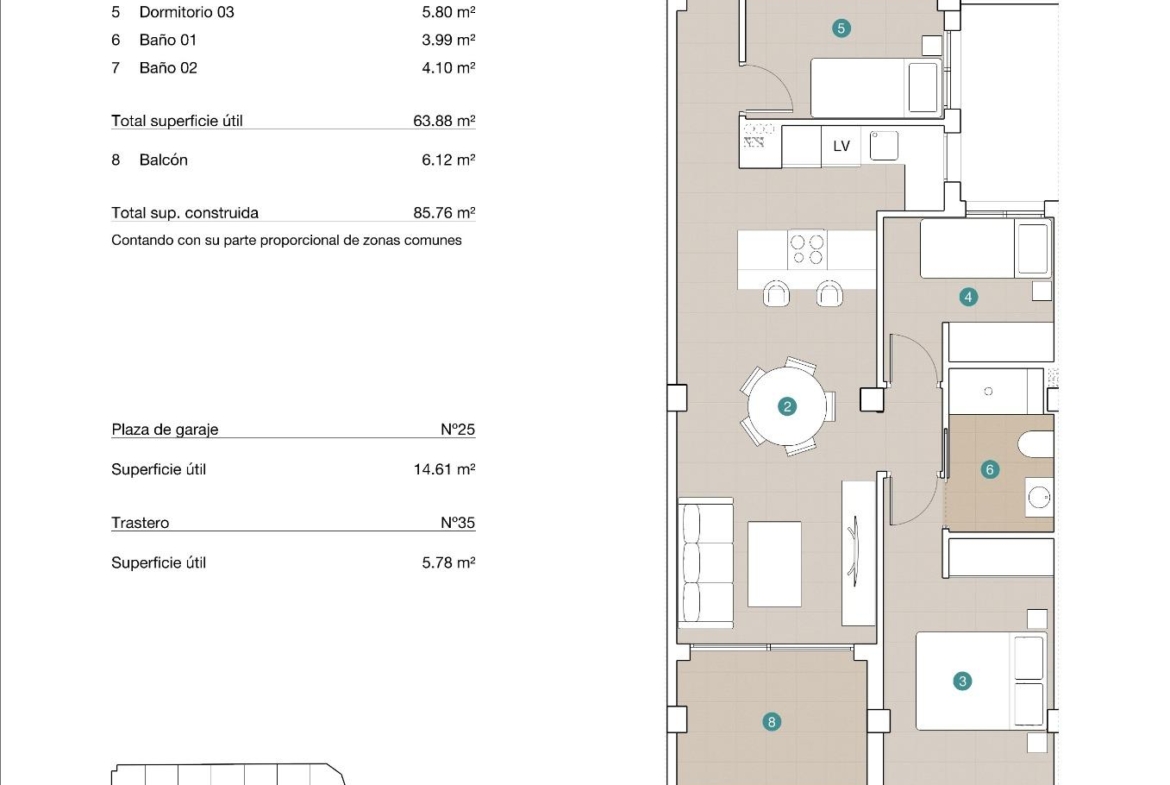 Spacious open-plan 3-bedroom penthouse floor plan with terrace and panoramic views in modern Jacarilla development