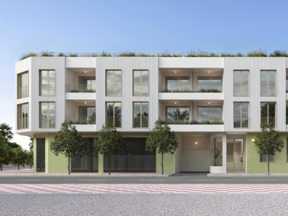 Modern new build 3-bedroom apartment exterior in Jacarilla with spacious balconies and sleek, minimalist design under clear skies