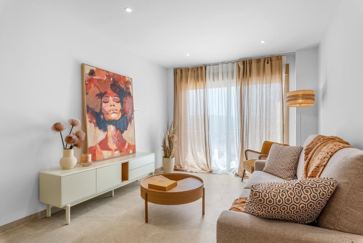 Bright and modern living room in a new build 3-bedroom ground floor apartment with private patio in Jacarilla.