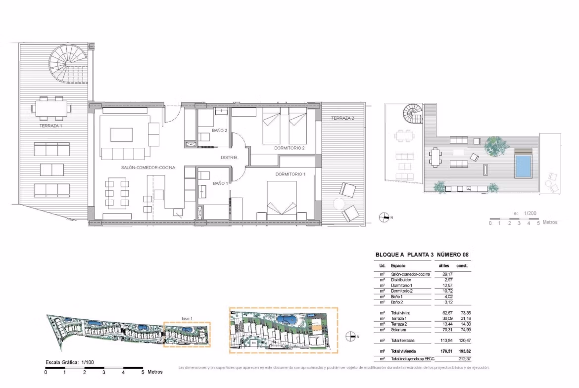 Modern 2-bedroom penthouse floor plan with spacious living areas, private solarium, and terraces in La Nucía, Alicante.