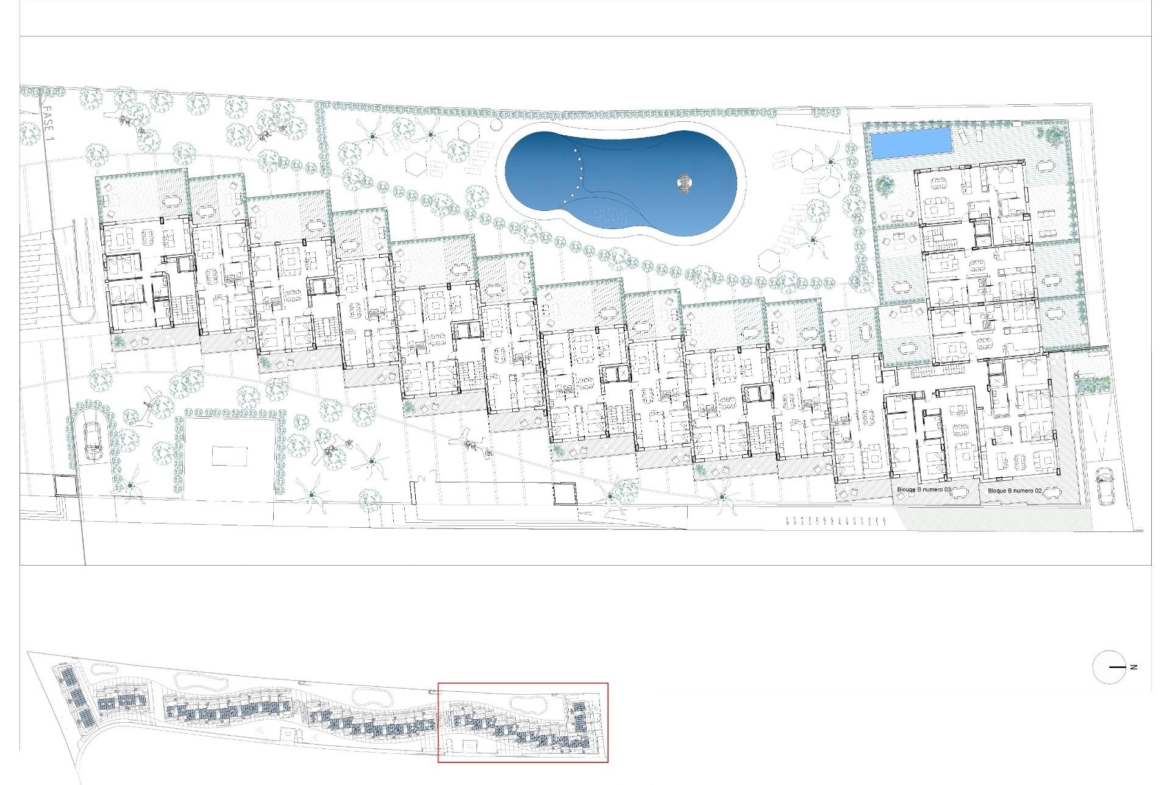 Spacious floor plan of contemporary 3-bedroom apartment with terraces and landscaped pool area in La Nucía, Alicante new build development.