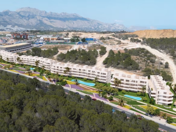 Elegantes Neubau-Penthouse mit 2 Schlafzimmern und privatem Solarium in La Nucía, Alicante, umgeben von Grün und Bergblick.