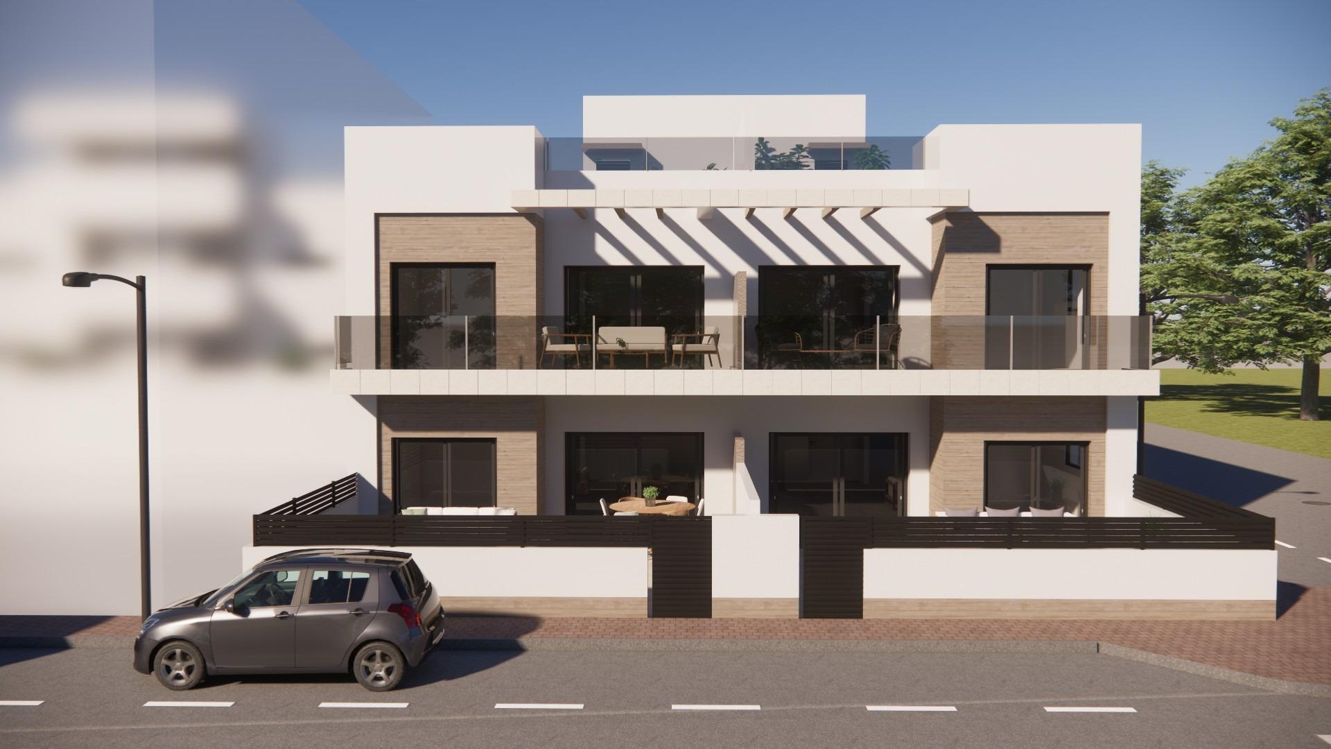 Modern new build 2-bedroom top floor apartment in Rojales with spacious terraces and sleek, sunlit exterior design.