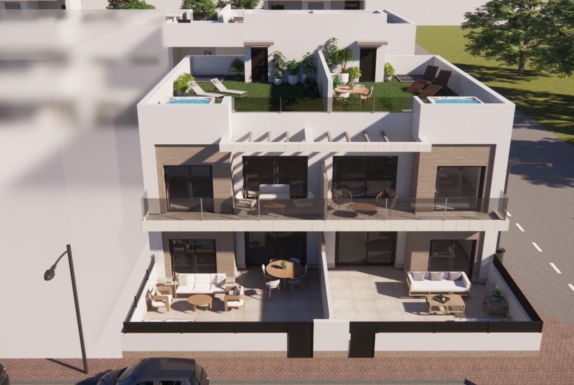 Modern new build 2-bedroom ground floor apartments in Rojales with spacious sun-drenched terraces and sleek, minimalist exteriors.