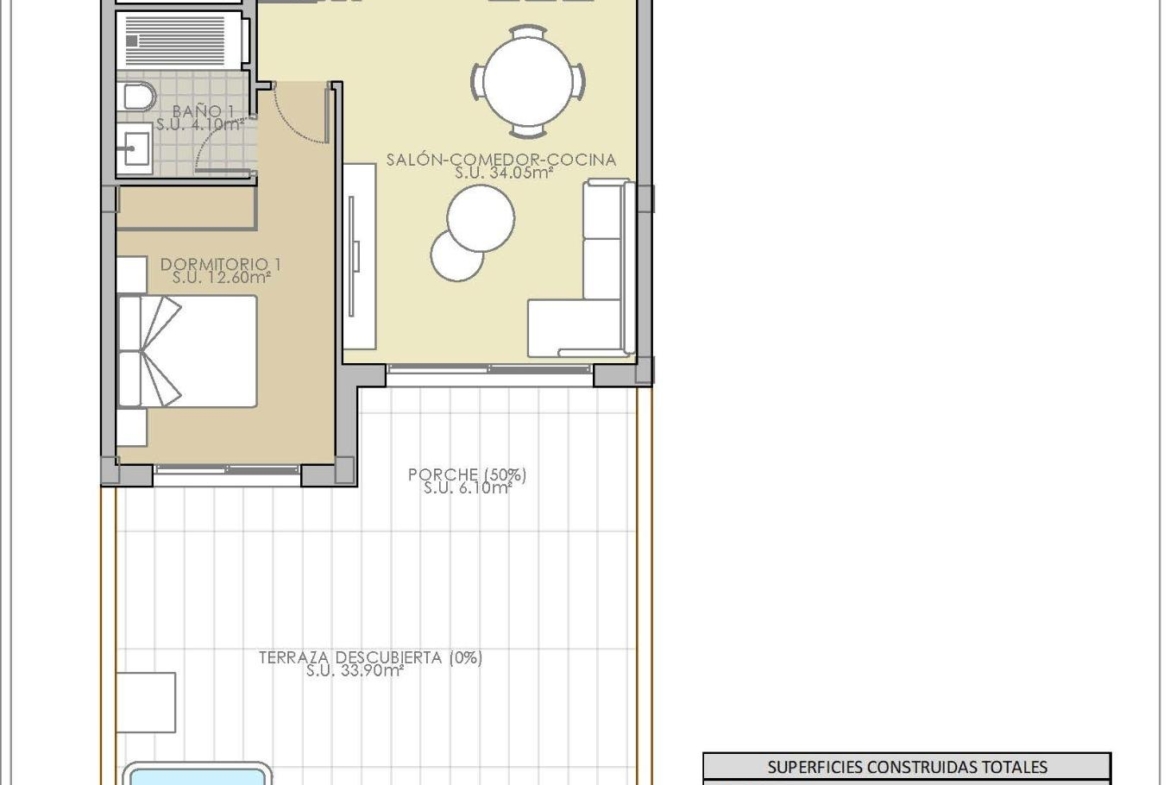 Bright modern floor plan of 2-bedroom ground floor apartment with spacious terrace in luxury Rojales, Costa Blanca South development
