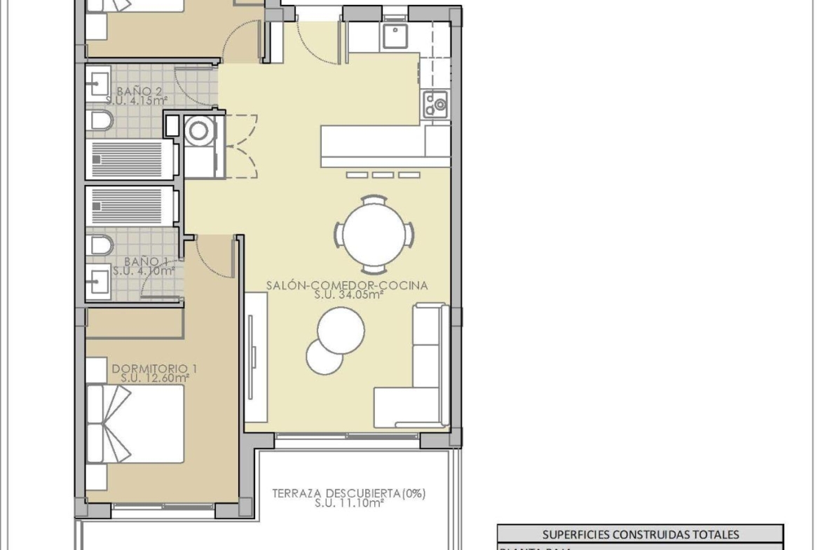 Bright, modern top floor 2-bedroom apartment floor plan with open-plan living and kitchen, terrace, and solarium in Rojales, Costa Blanca South