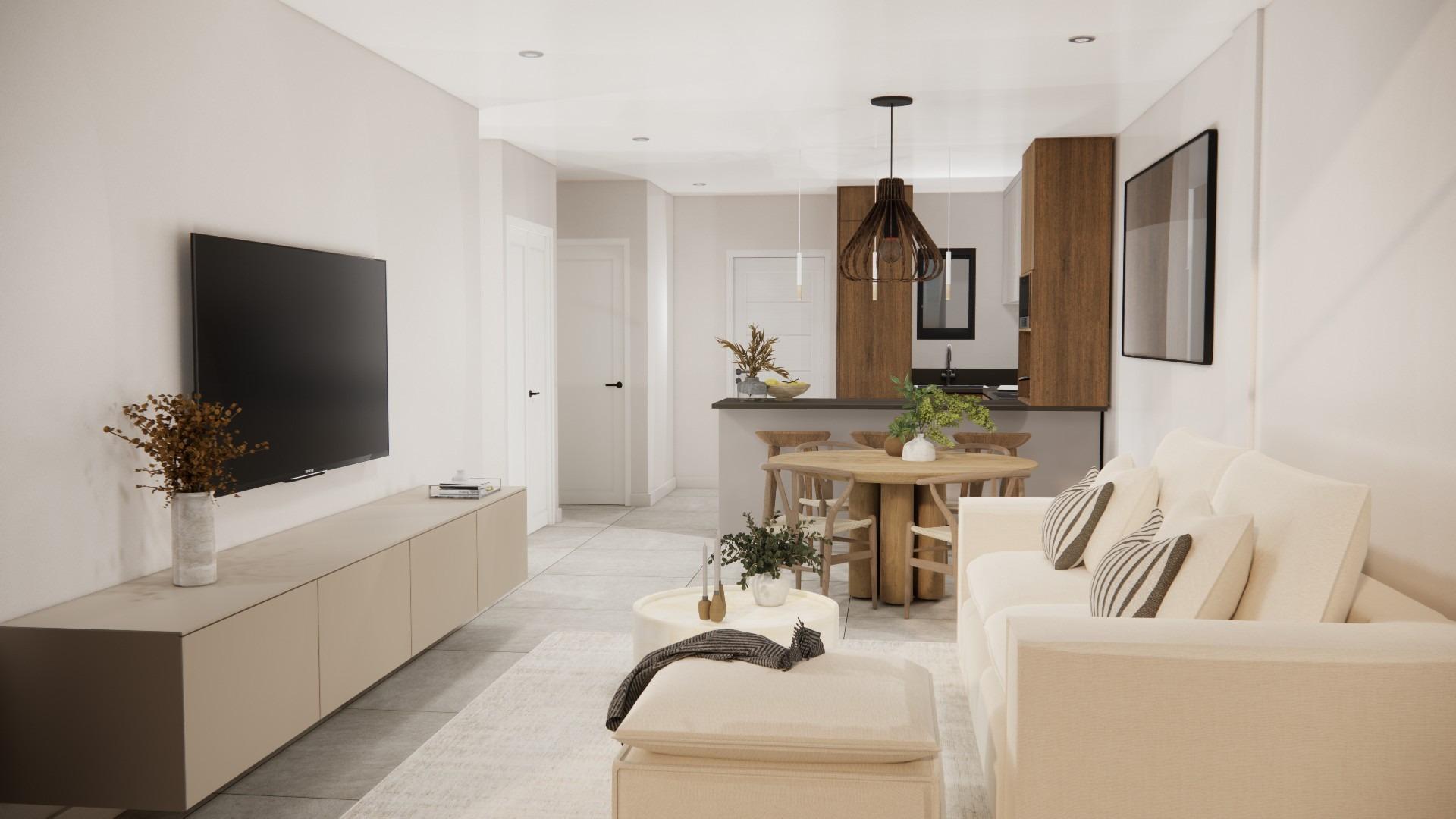 Bright, modern open-plan living room with elegant kitchen in a new 2-bedroom top floor apartment in Rojales, Costa Blanca South