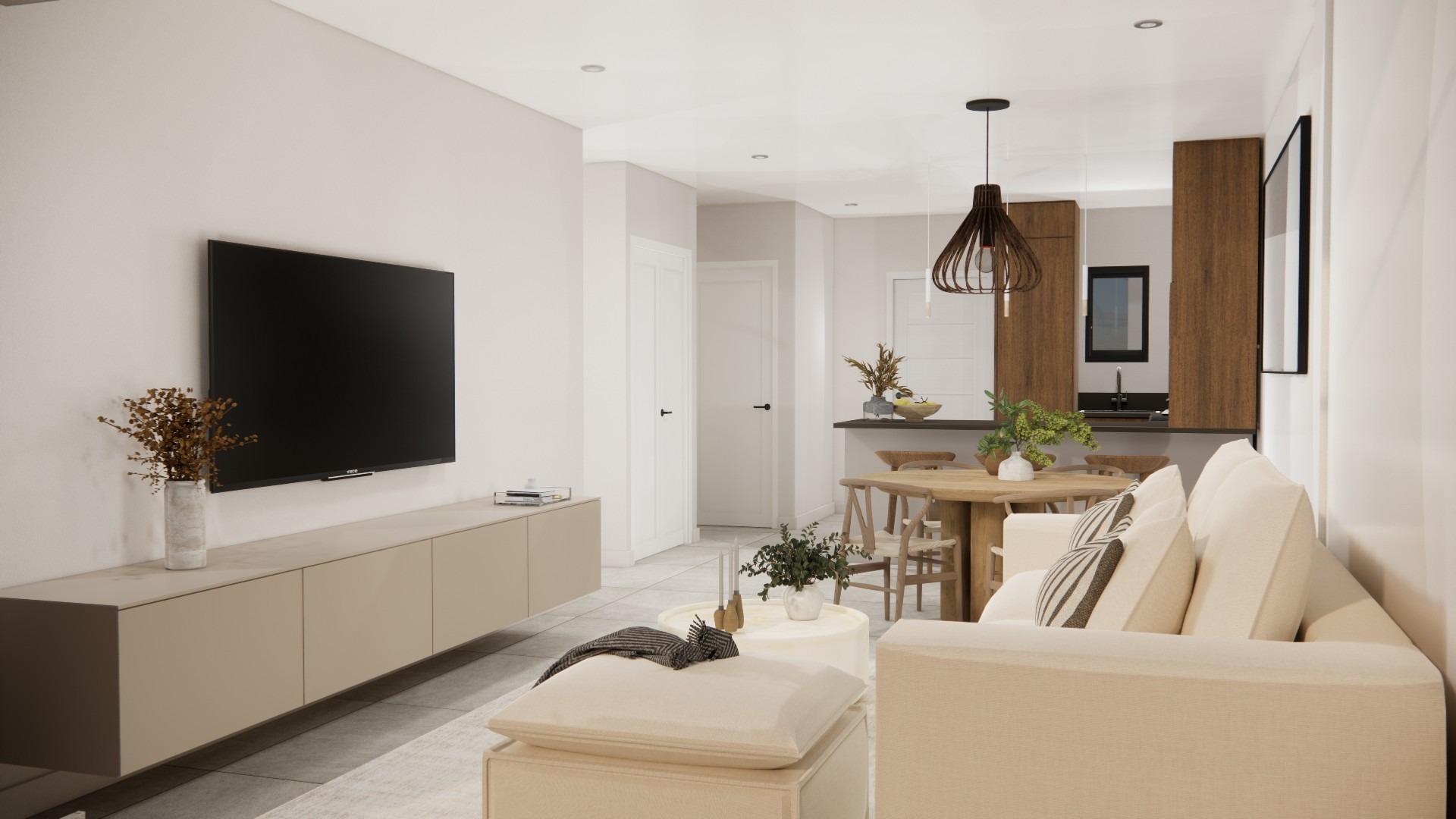 Bright modern open-plan living area with elegant furnishings in a 2-bedroom top floor apartment in Rojales, Costa Blanca South