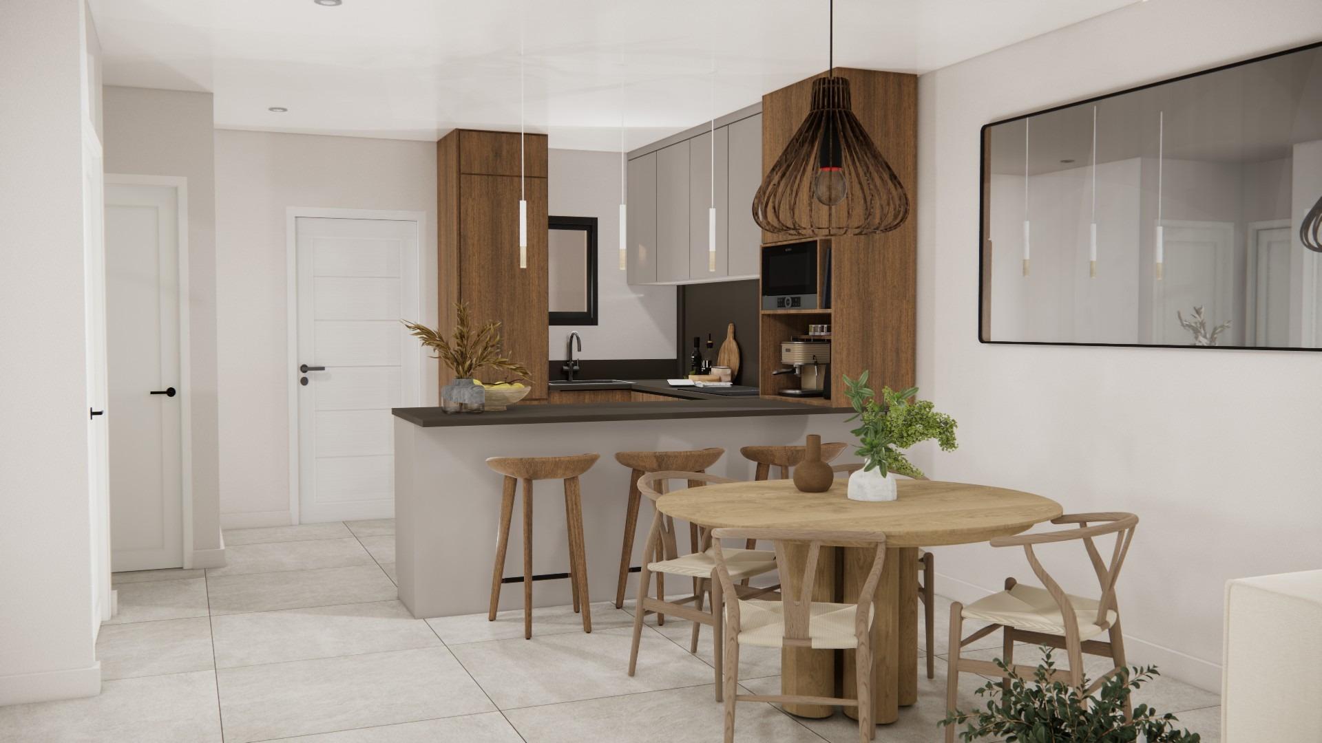 Bright modern open-plan kitchen and dining area in a top-floor 2 bedroom apartment with solarium in Rojales, Costa Blanca South