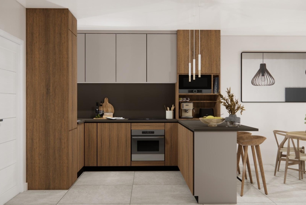Modern new build 2-bedroom ground floor apartment kitchen with sleek wood cabinetry and open-plan dining in Rojales, Costa Blanca South