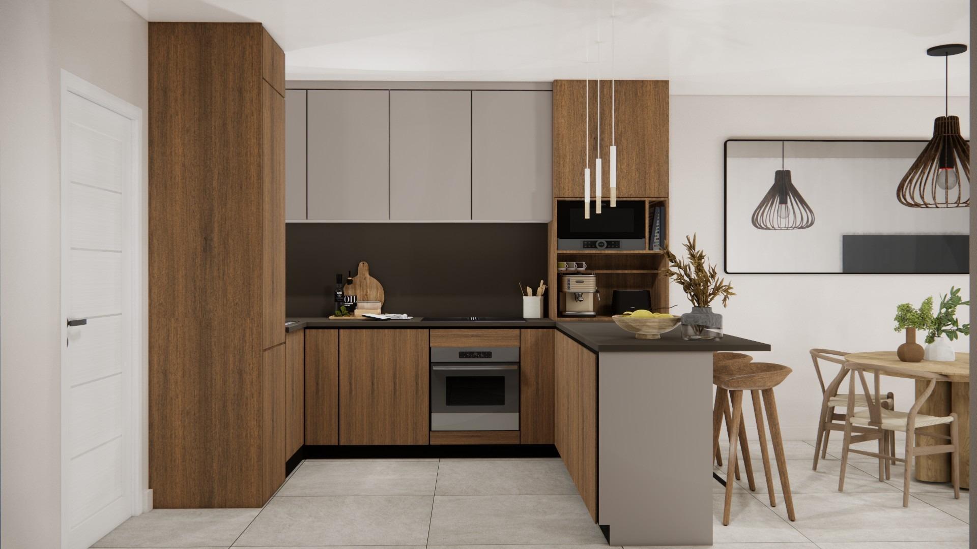 Modern new build 2-bedroom ground floor apartment kitchen with sleek wood cabinetry and open-plan dining in Rojales, Costa Blanca South