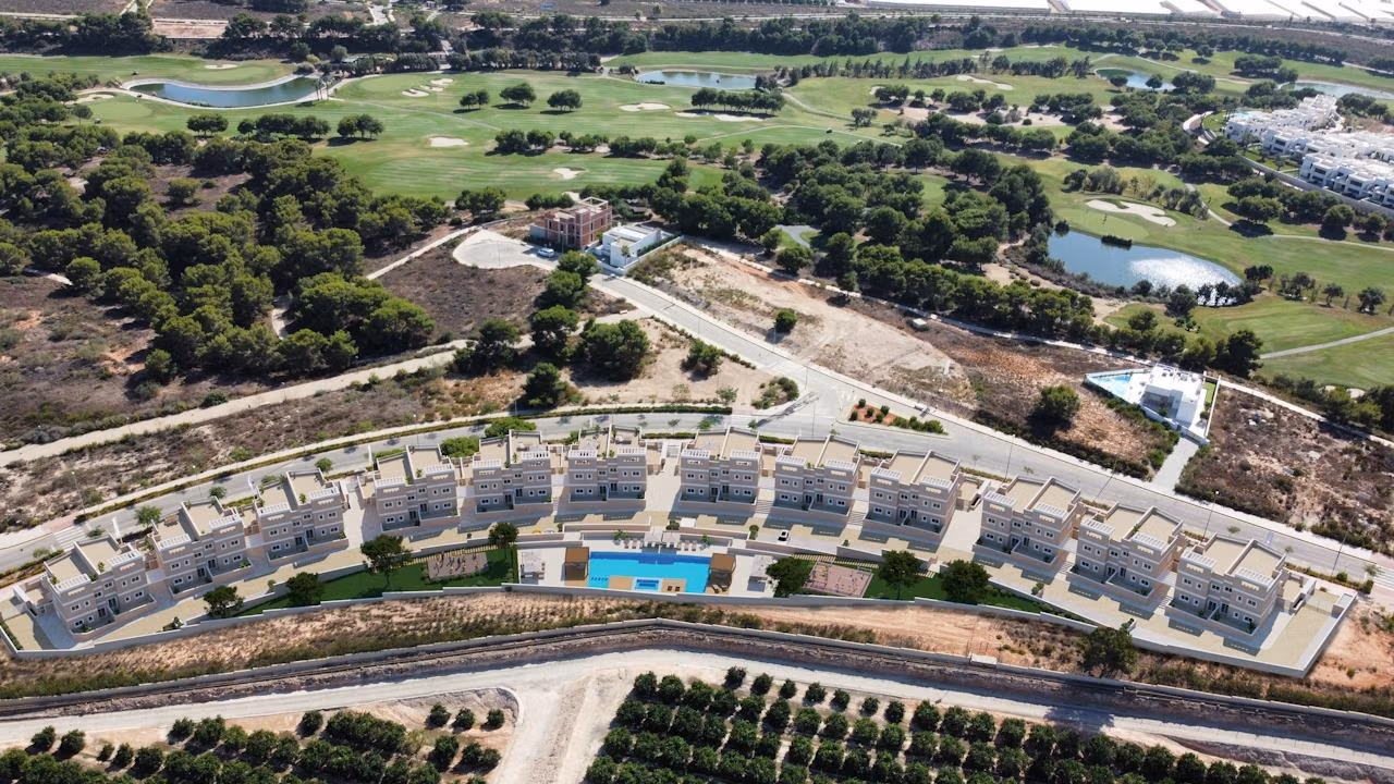 Pilar de la Horadada Panoramic aerial view of luxury top floor 3-bedroom apartments with solarium for sale at Lo Romero Golf, Pilar de la Horadada.