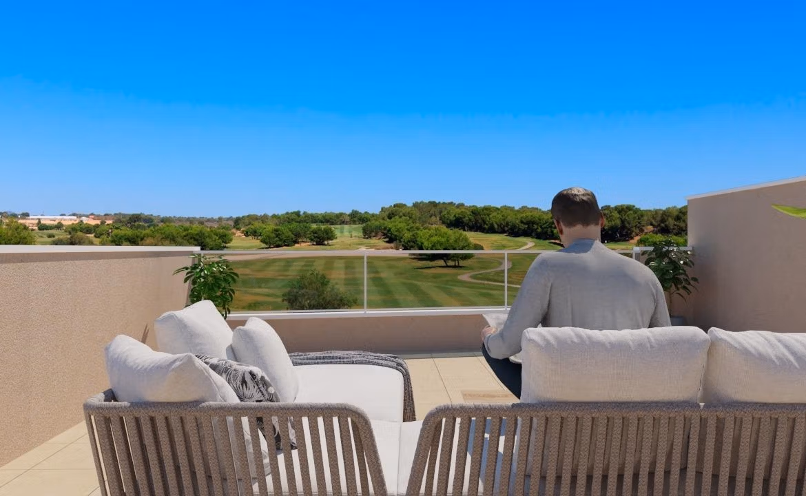 New Build Bungalows in Lo Romero Golf Resort Sun-drenched private solarium terrace overlooking landscaped Lo Romero Golf course from a stunning top floor 3-bedroom apartment in Pilar de la Horadada