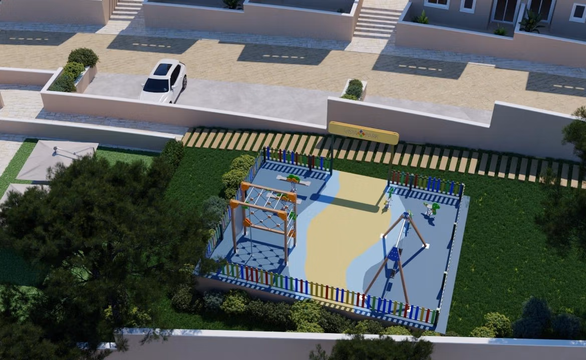 New-Build-Bungalows-in-Lo-Romero-Golf-Resort-Pilar-de-la-Horadada-5 Bright and secure children's playground surrounded by lush greenery in luxury new build top floor apartment complex at Lo Romero Golf, Pilar de la Horadada