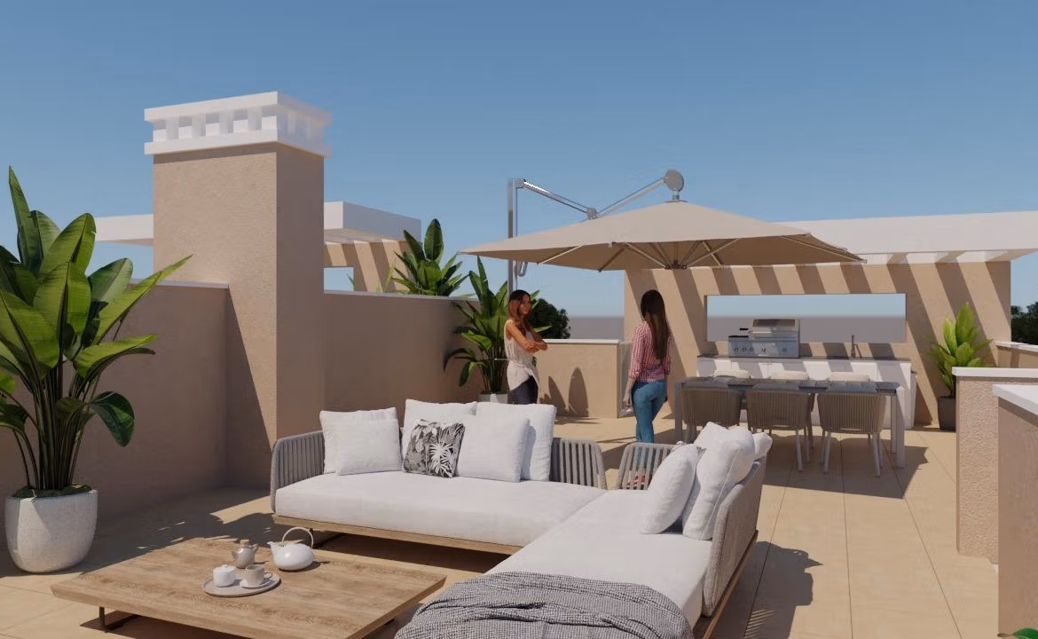 New-Build-Bungalows-in-Lo-Romero-Golf-Resort-Pilar-de-la-Horadada-6 Spacious sun-drenched solarium with modern outdoor lounge and dining area in luxury 3-bedroom top floor apartment, Lo Romero Golf.