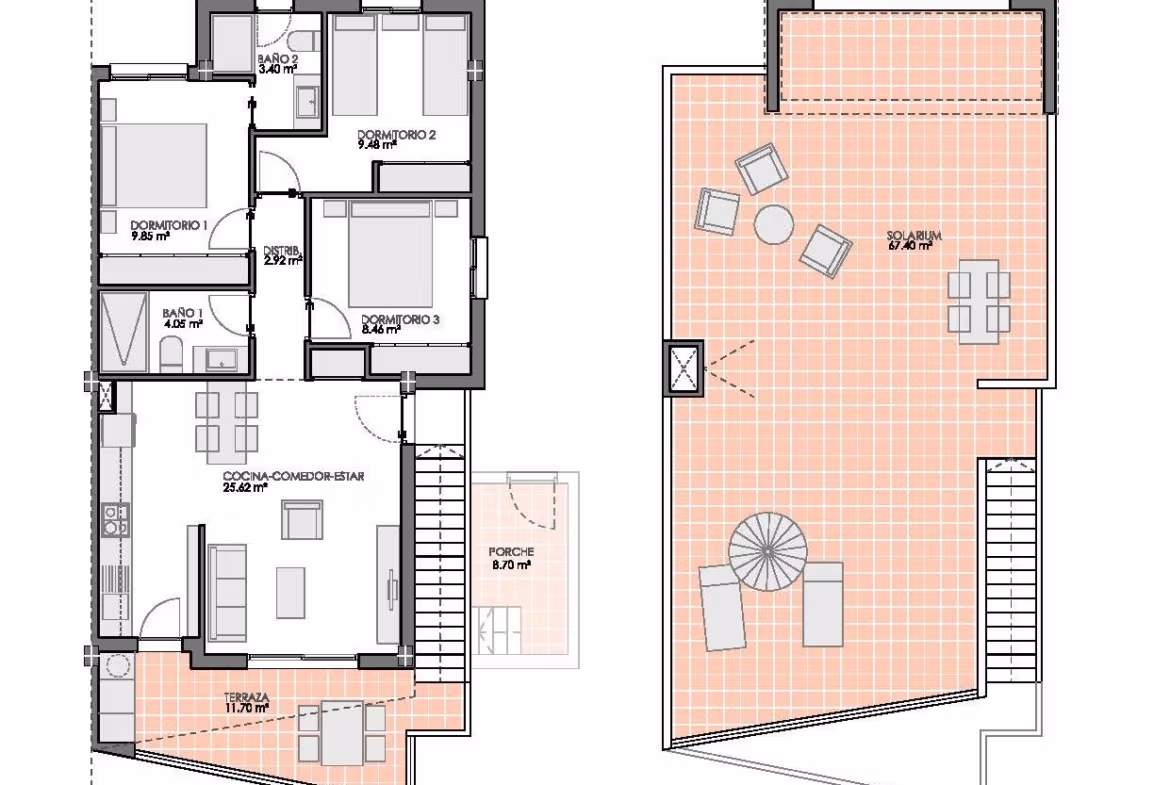 New-Build-Bungalows-in-Lo-Romero-Golf-Resort-Pilar-de-la-Horadada-9 Spacious top floor 3-bedroom apartment floor plan with sun-drenched solarium and terrace at Lo Romero Golf, Pilar de la Horadada