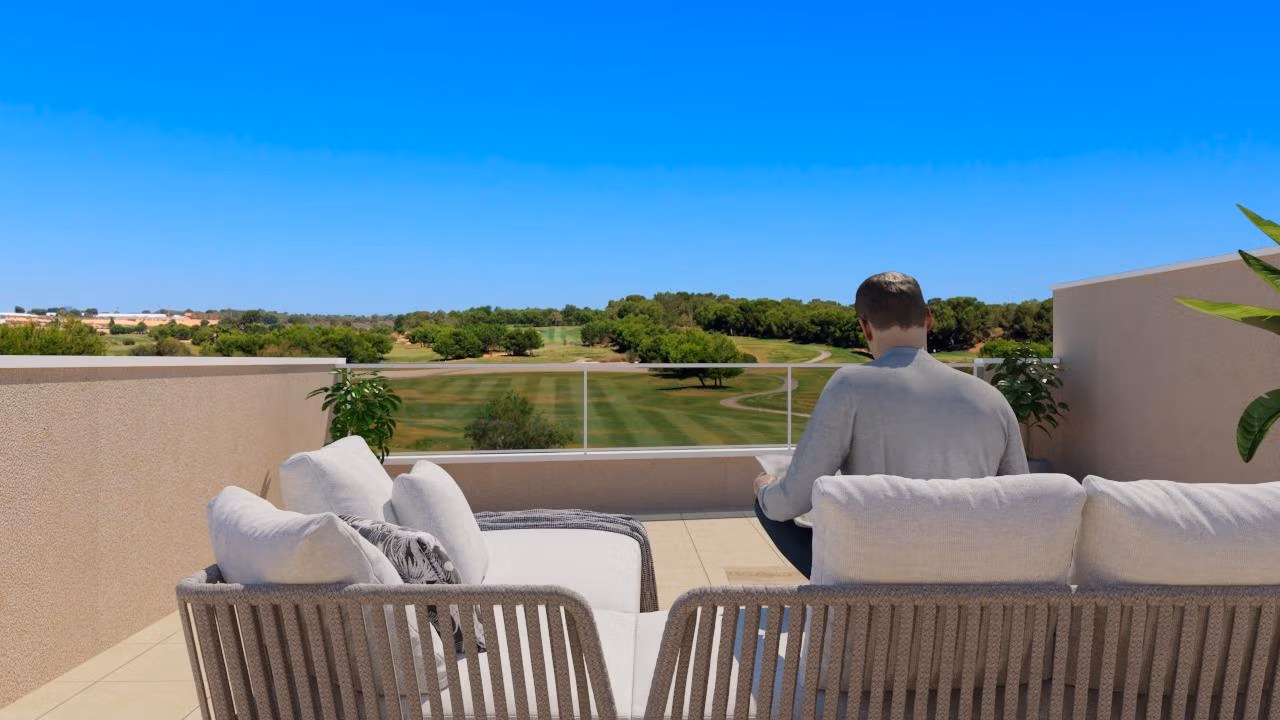 New Build Bungalows in Lo Romero Golf Resort Sun-drenched private solarium terrace overlooking landscaped Lo Romero Golf course from a stunning top floor 3-bedroom apartment in Pilar de la Horadada