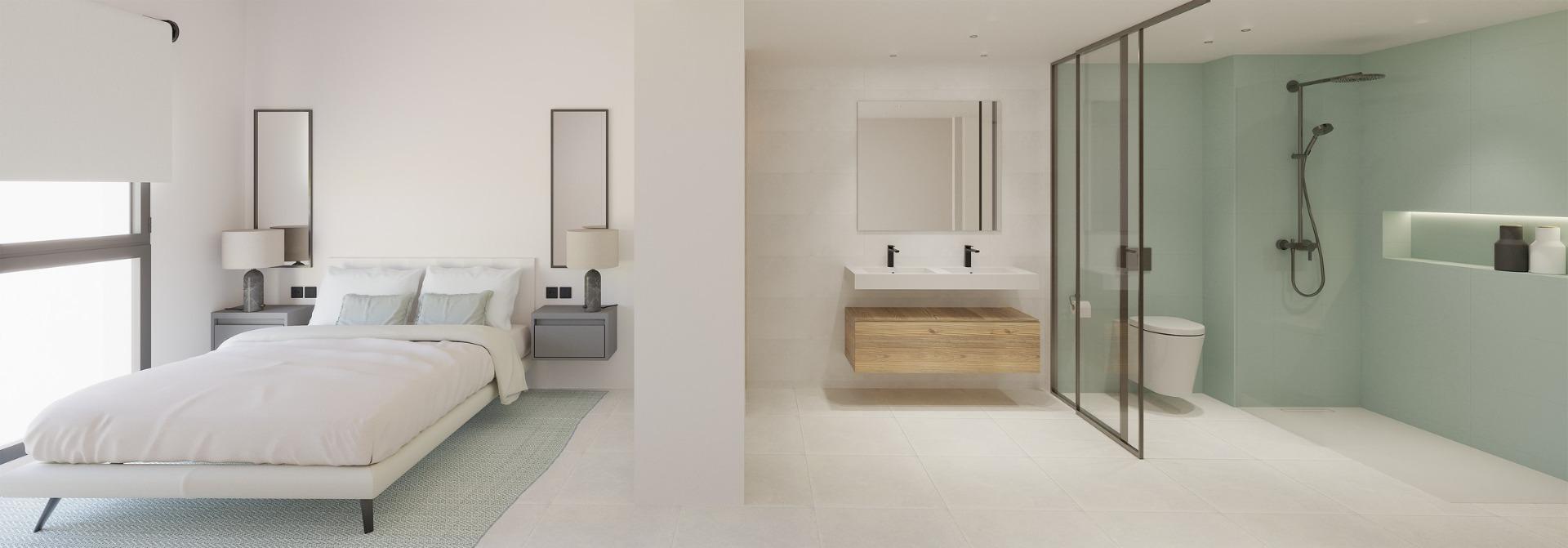 Bright, elegant bedroom and modern bathroom in exclusive new build ground floor apartment near sea in La Mata, Torrevieja.
