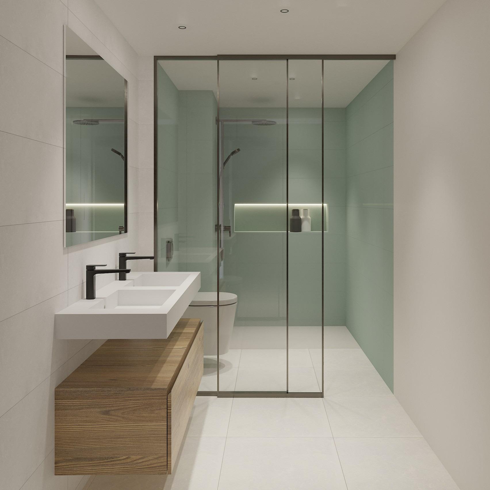Modern luxury bathroom with sleek double vanity and glass-enclosed shower in top floor apartment, La Mata, Torrevieja