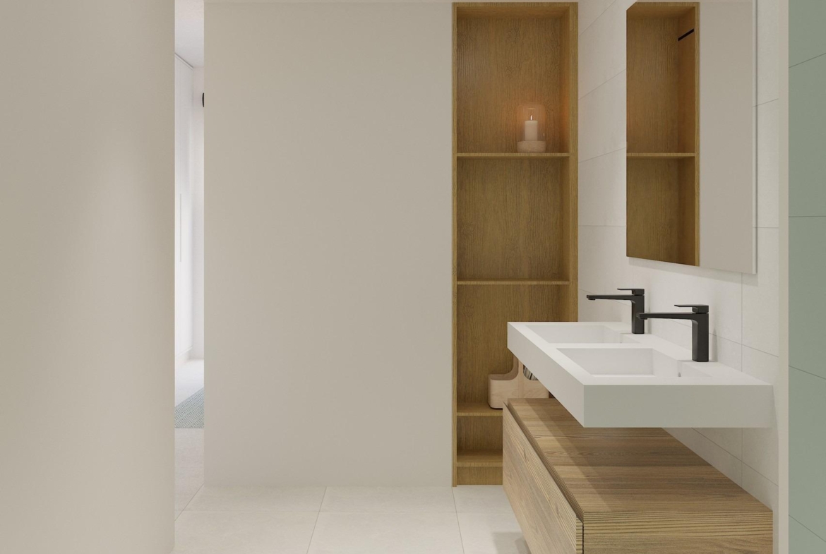 Modern, minimalist bathroom with sleek double sink and natural wood shelving in exclusive La Mata ground floor apartment