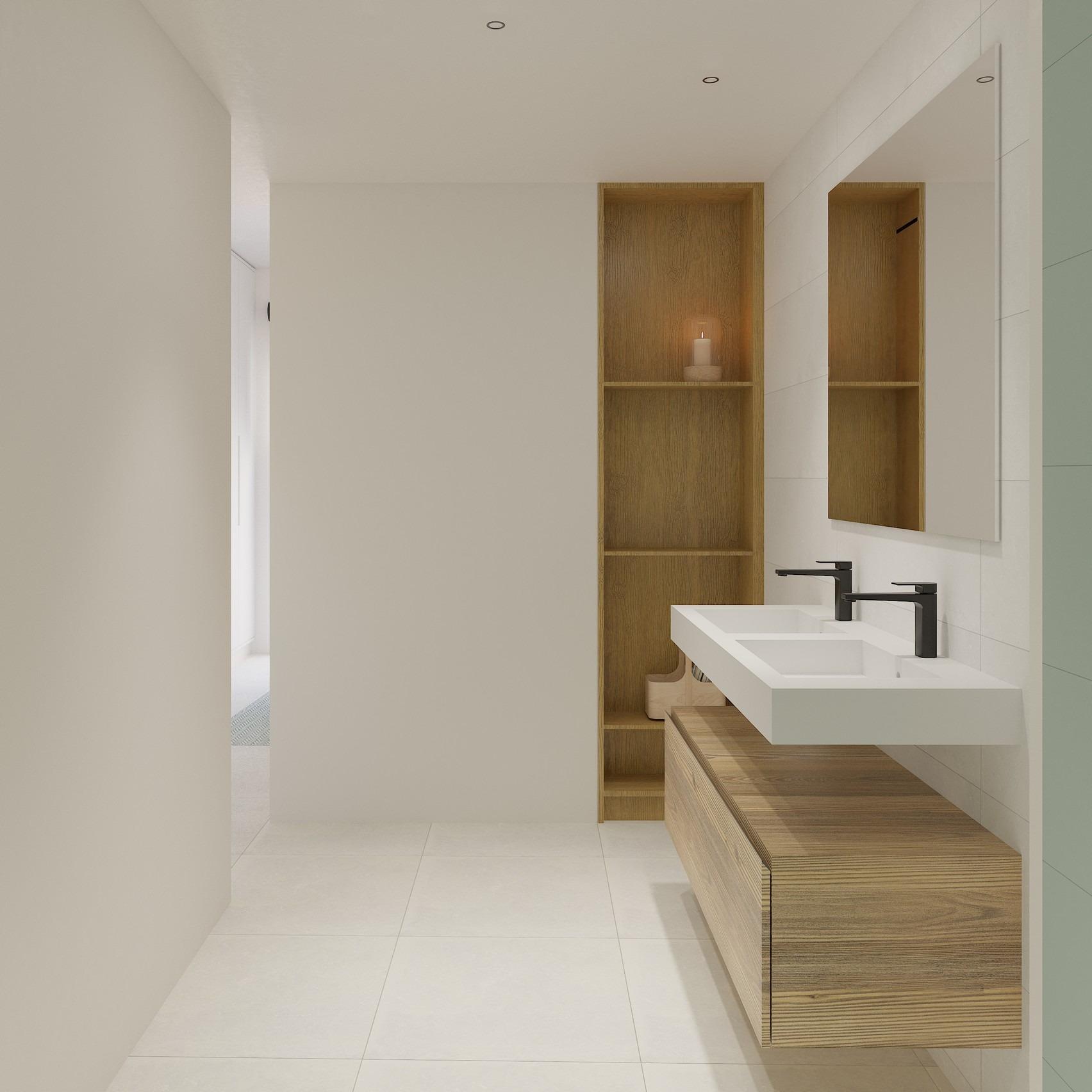 Modern, minimalist bathroom with sleek double sink and natural wood shelving in exclusive La Mata ground floor apartment