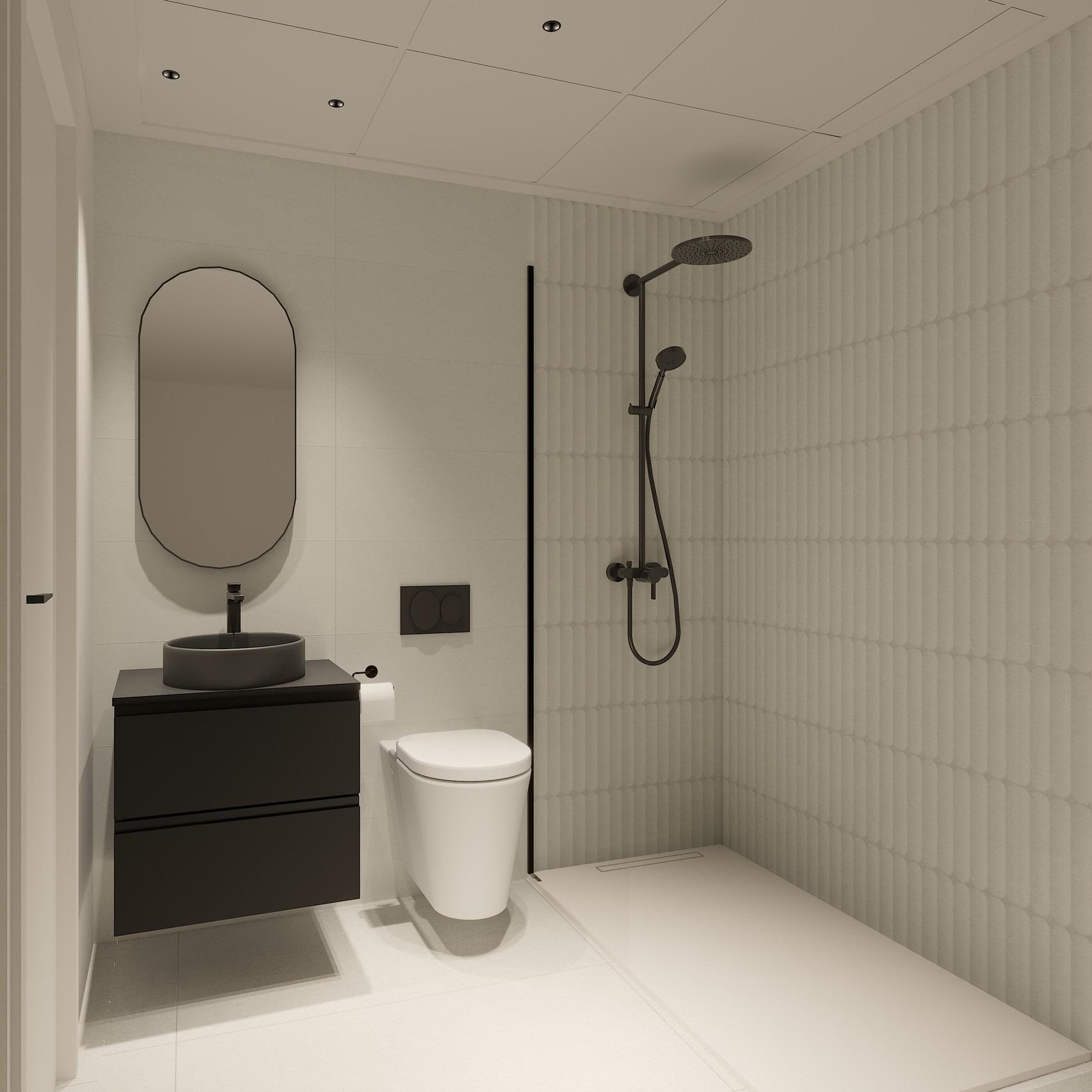 Modern sleek bathroom with rain shower and elegant black fixtures in luxury new build top floor apartment, La Mata Torrevieja