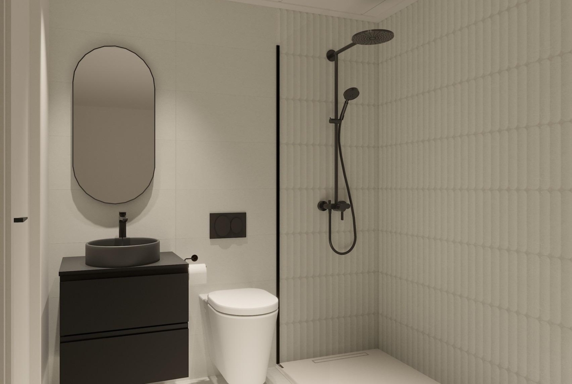Modern, elegant bathroom with sleek black fixtures and textured wall tiles in exclusive new build ground floor apartment in La Mata, Torrevieja