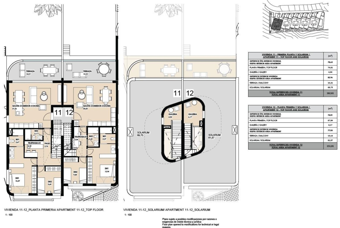 Elegant top floor apartment floor plan with spacious solarium and panoramic sea views in luxurious La Mata, Torrevieja.
