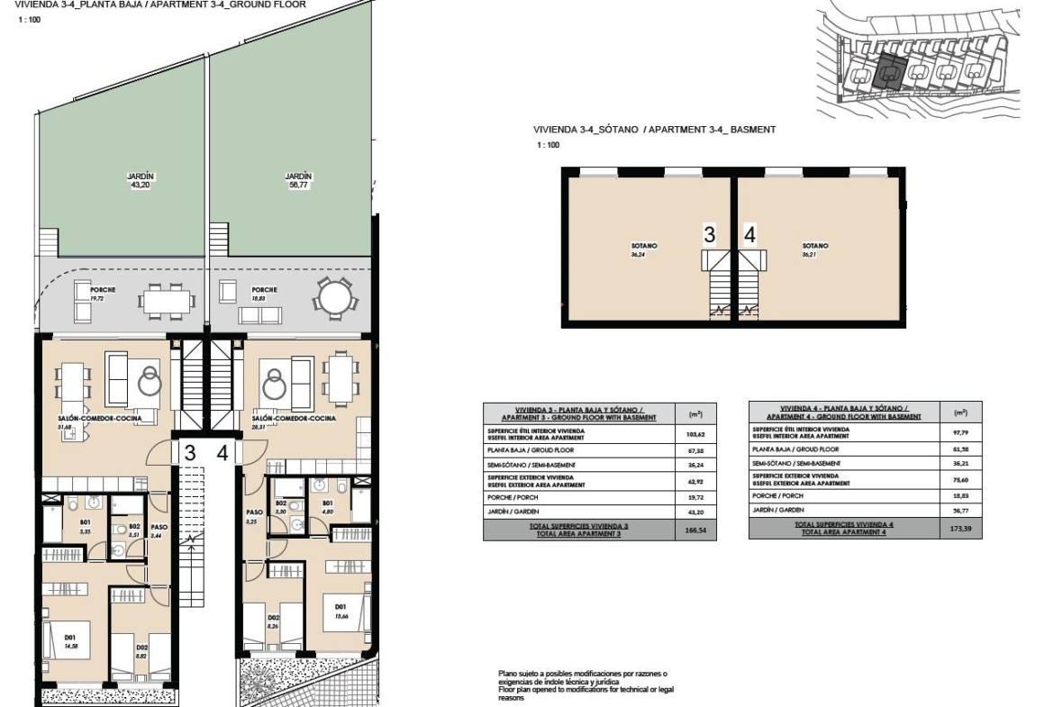 Modern, spacious ground floor apartment floor plan with private garden and sea views in exclusive La Mata, Torrevieja development