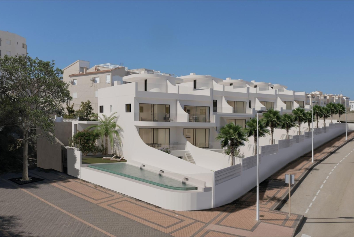 Modern exclusive new build ground floor apartment in La Mata, Torrevieja with private garden and sleek sea-view terrace