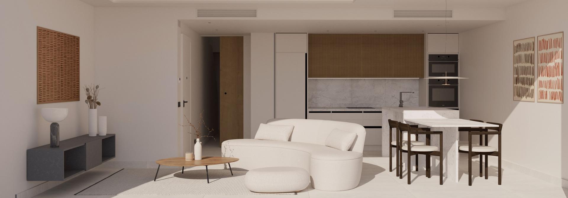 Bright, modern open-plan living and dining area in luxury top floor apartment with solarium, La Mata, Torrevieja